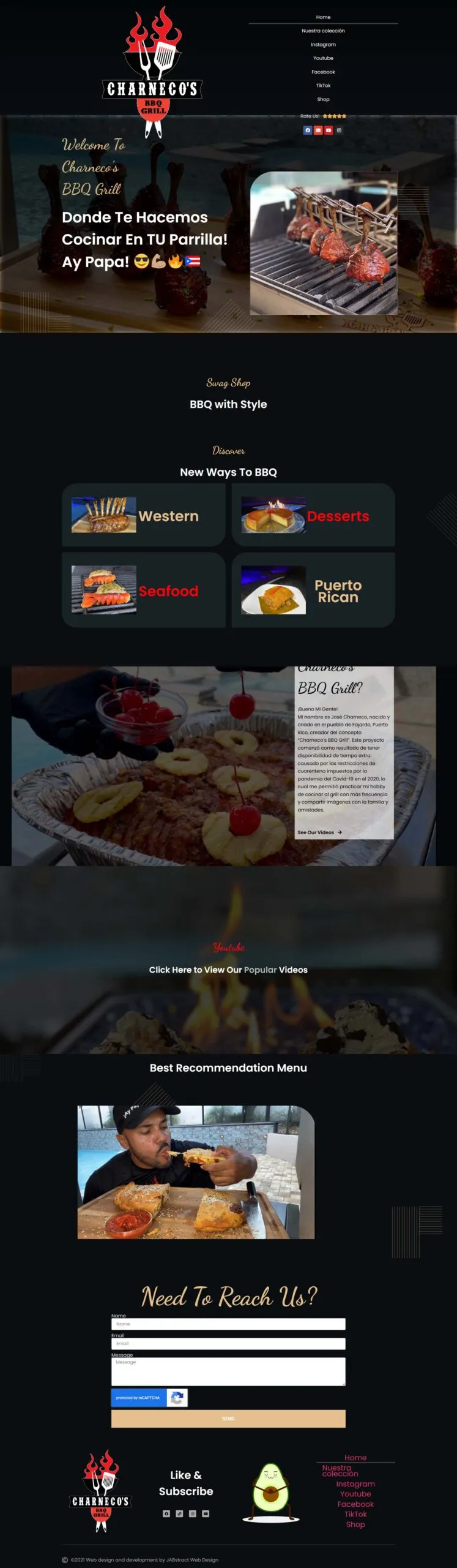 Full-page screenshot of the charnecosbbqgrill.com website
