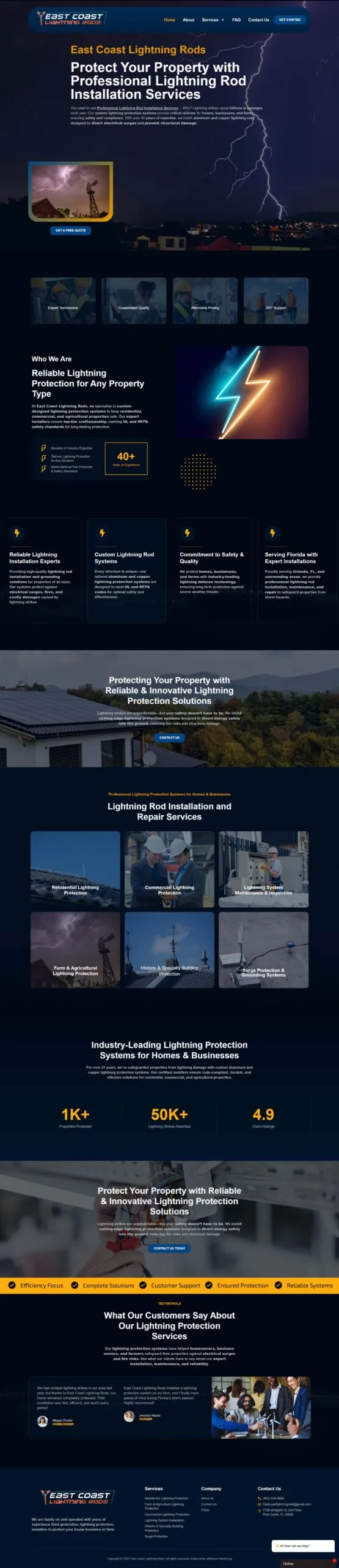 Full-page screenshot of the eastcoastlightningprotection.com website