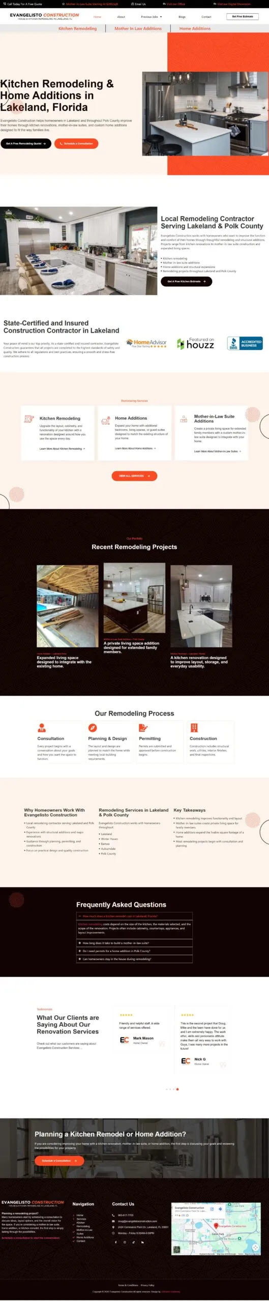 Full-page screenshot of the evangelistoconstruction.com website
