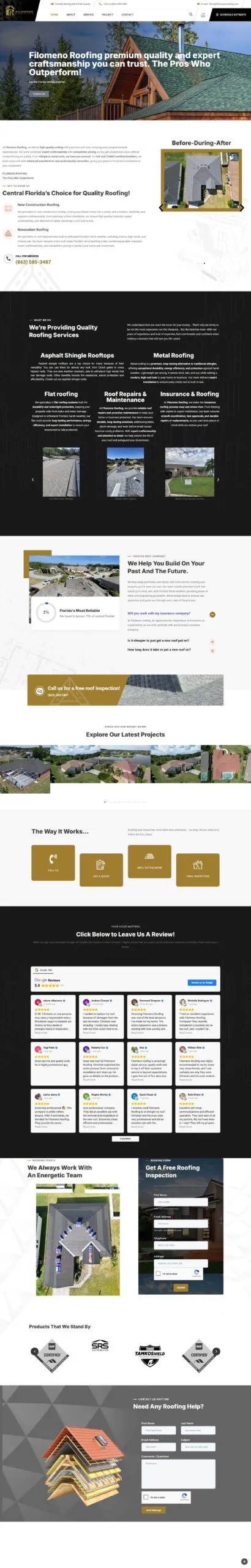 Full-page screenshot of the filomenoroofing.com website