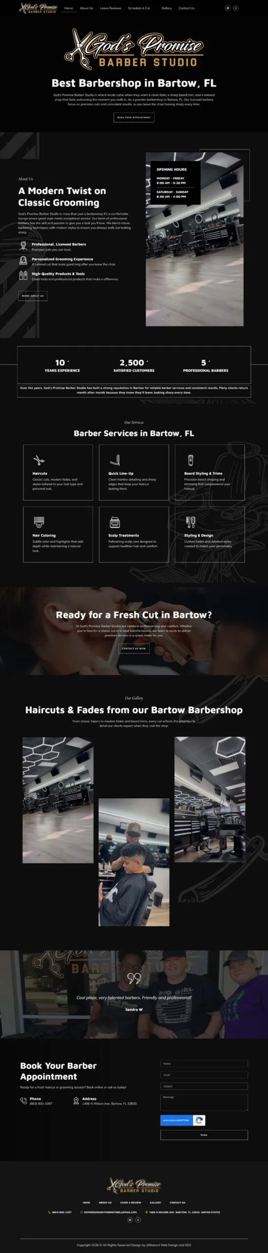 Full-page screenshot of the godspromisebarberstudio.com website