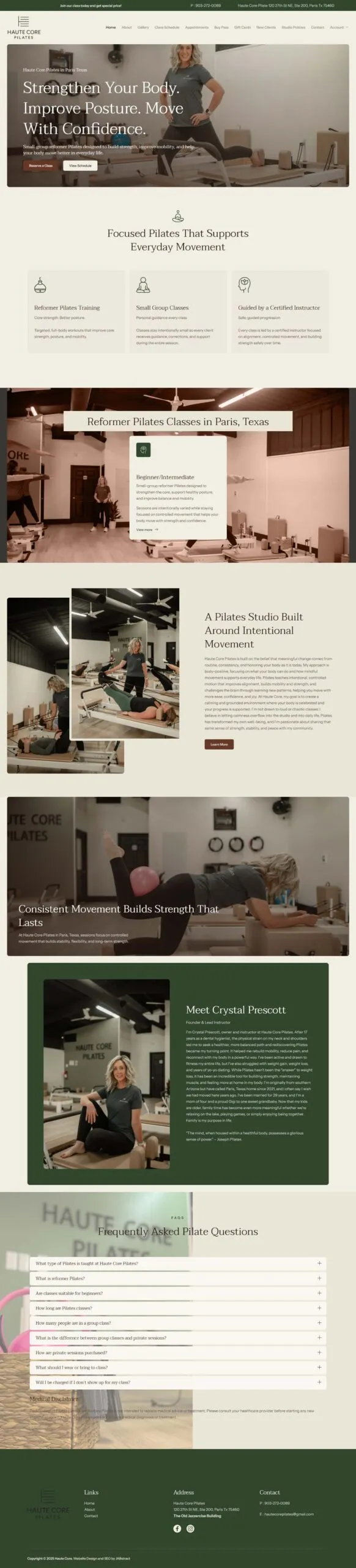 Full-page screenshot of the hautecorepilates.com website