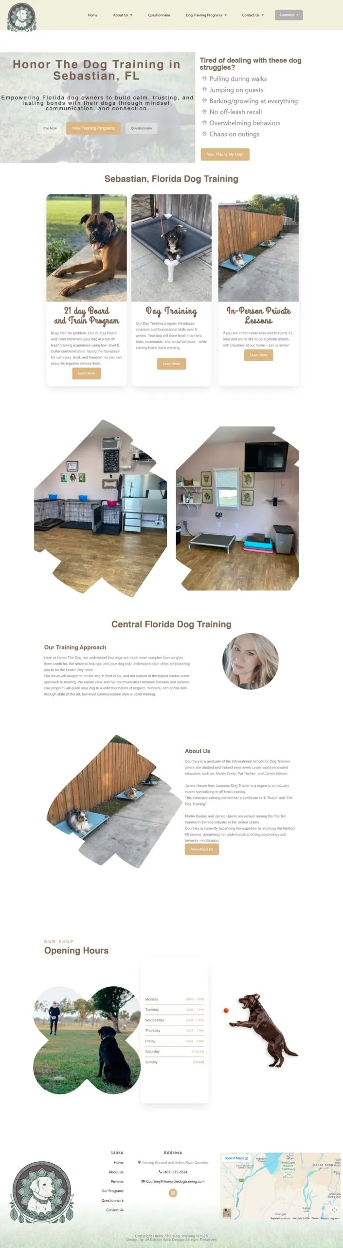 Full-page screenshot of the honorthedogtraining.com website