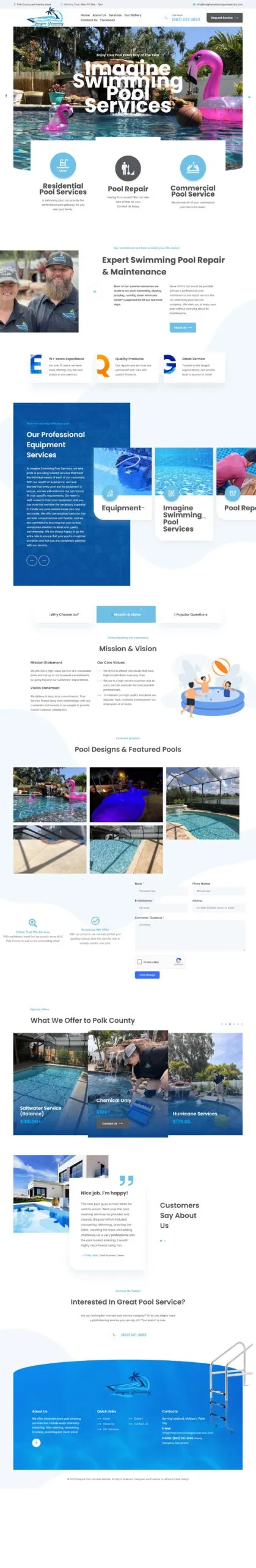 Full-page screenshot of the imagineswimmingpoolservice.com website