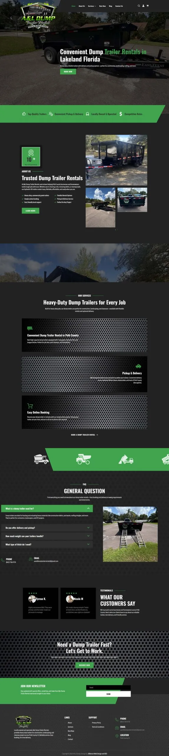 Full-page screenshot of the lakelanddumptrailerrentals.com website
