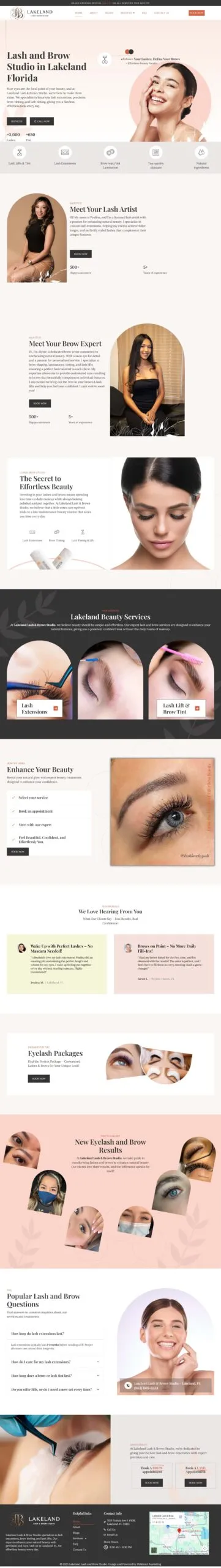 Full-page screenshot of the lakelandlashandbrow.com website
