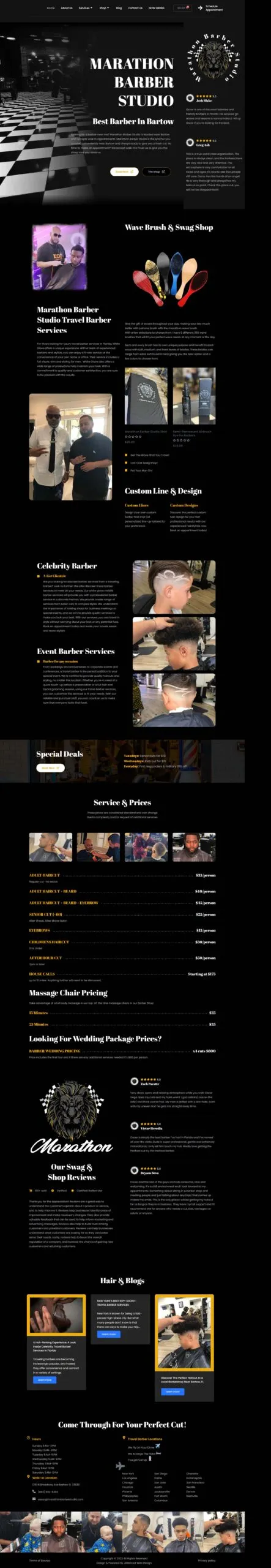 Full-page screenshot of the marathonbarberstudio.com website