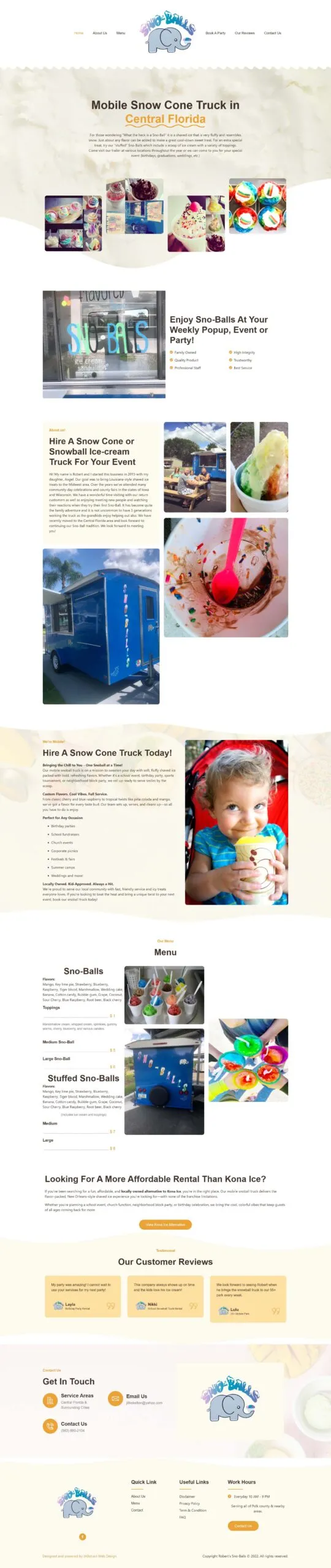 Full-page screenshot of the mobilesnowconetruck.com website