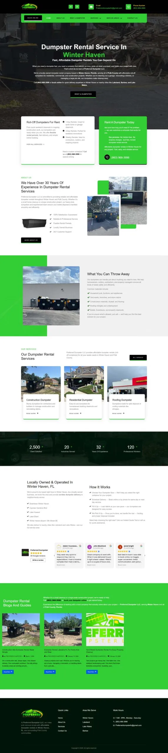 Full-page screenshot of the preferreddumpsterllc.com website
