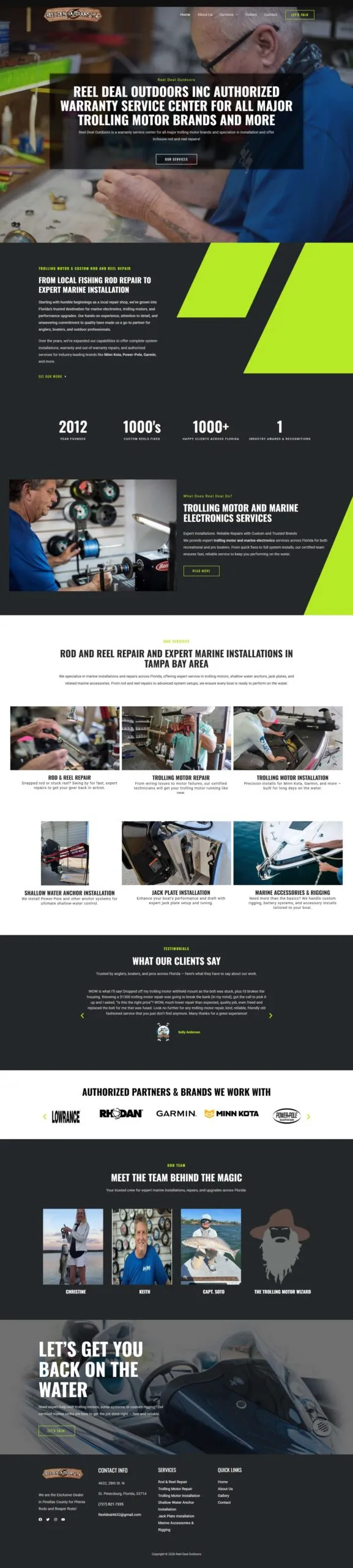 Full-page screenshot of the reeldealoutdoors.com website