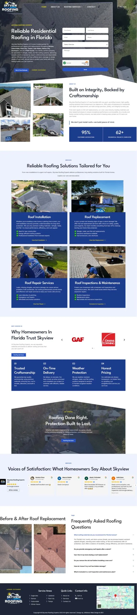 Full-page screenshot of the skyviewroofingexperts.com website