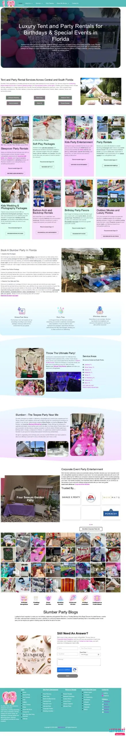 Full-page screenshot of the slumberrparty.com website