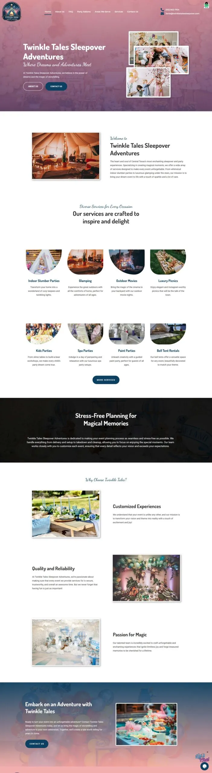 Full-page screenshot of the twinkletalessleepover.com website