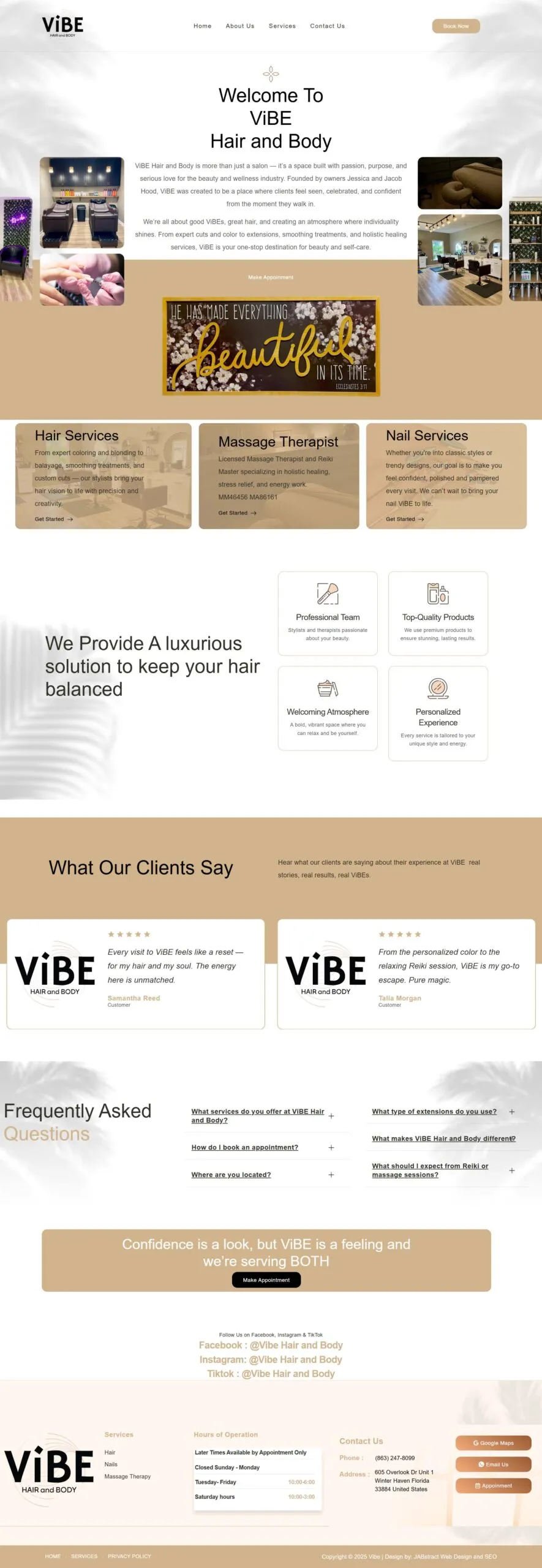 Full-page screenshot of the vibehairandbody.com website