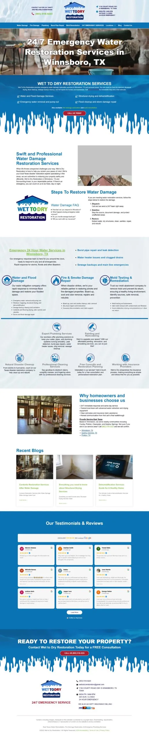Full-page screenshot of the wettodryrestoration.com website