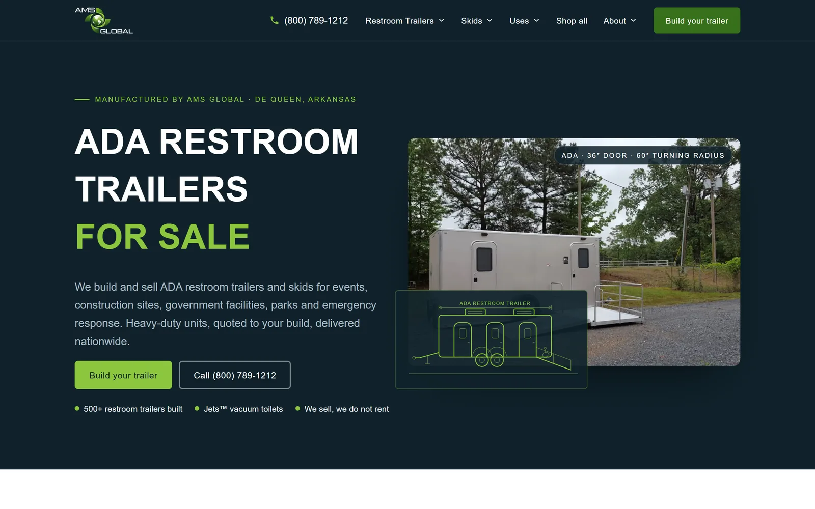 ADA Restroom Trailers home page on a desktop, captured October 18, 2026