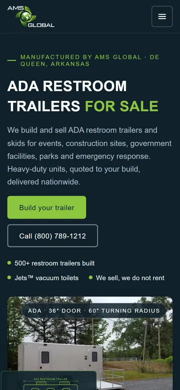 ADA Restroom Trailers home page on a phone