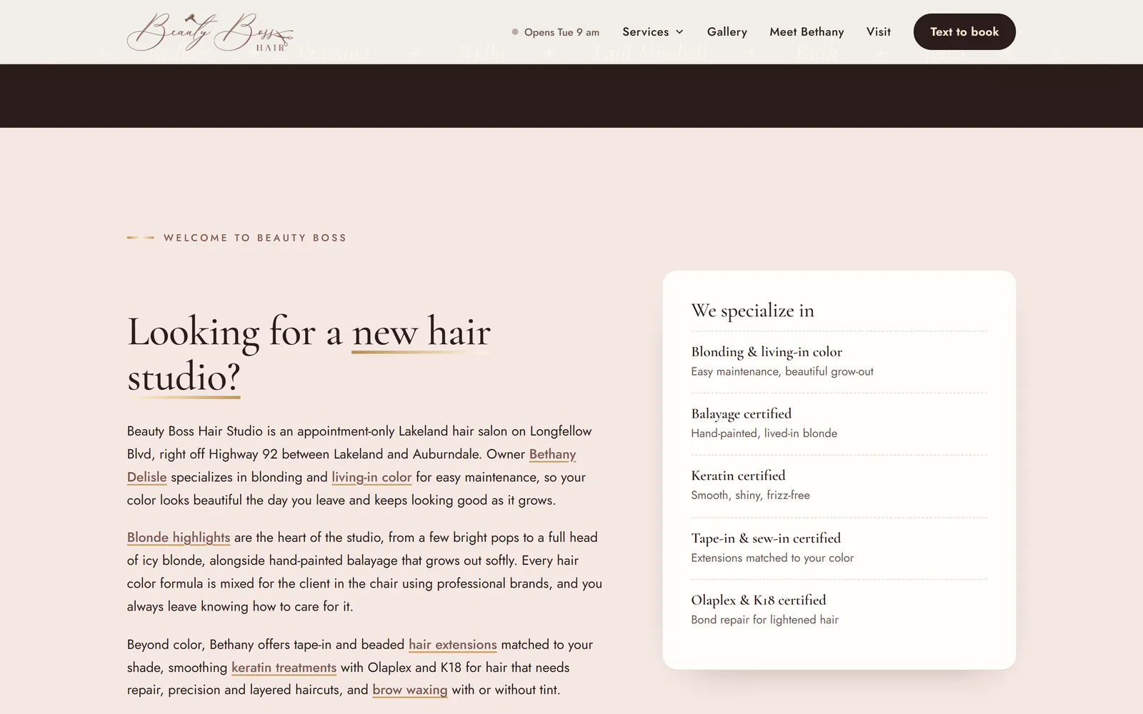 Beauty Boss Hair Studio: a section further down the home page