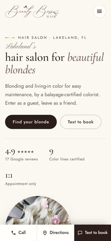 Beauty Boss Hair Studio home page on a phone