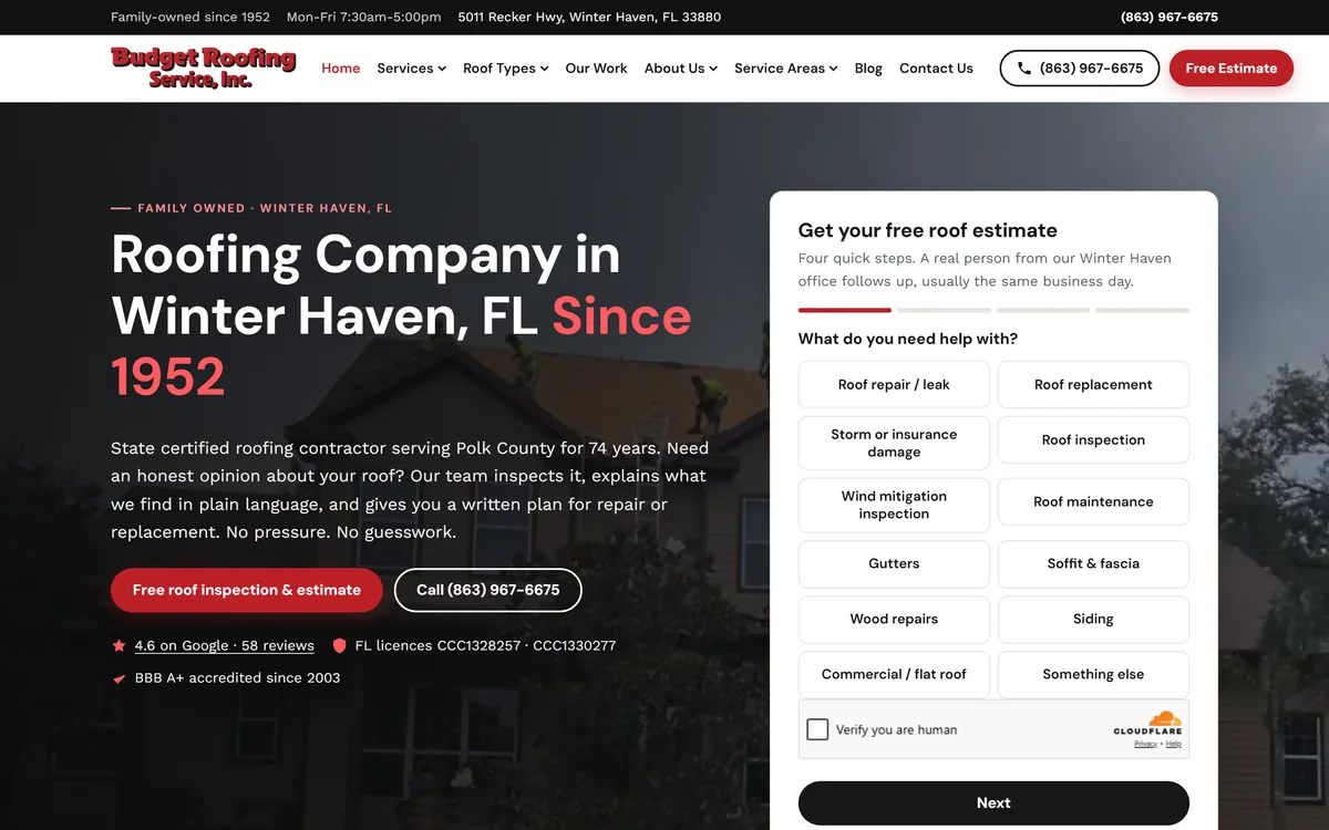 Budget Roofing Service home page on a desktop screen, a contractor site JABstract rebuilt