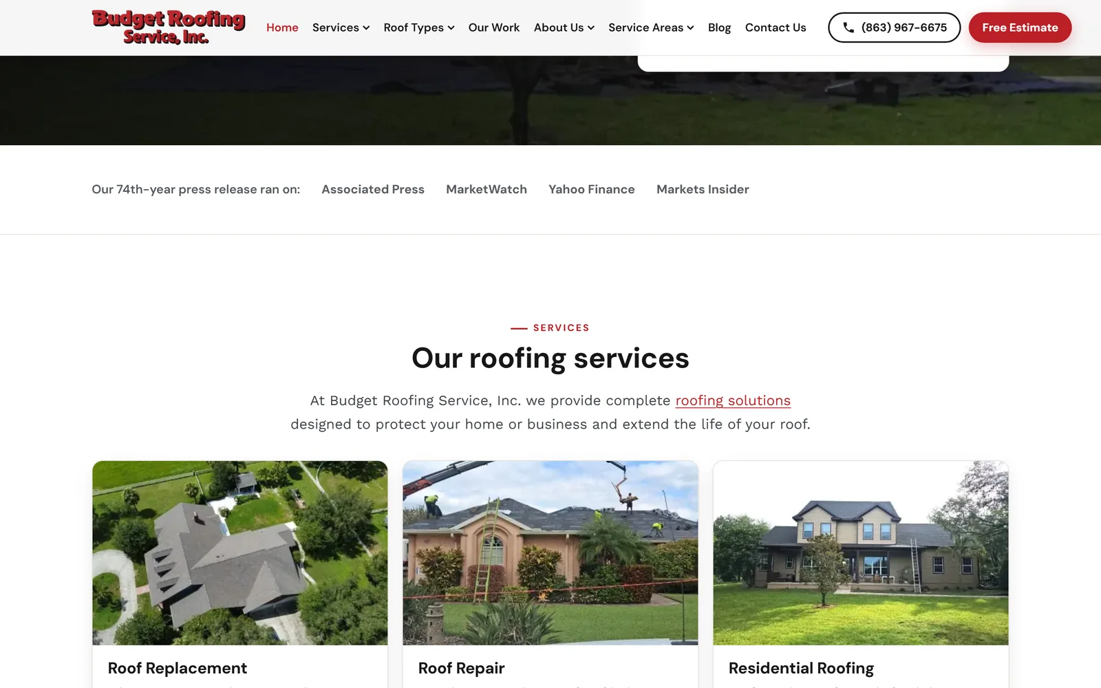Budget Roofing Service: a section further down the home page