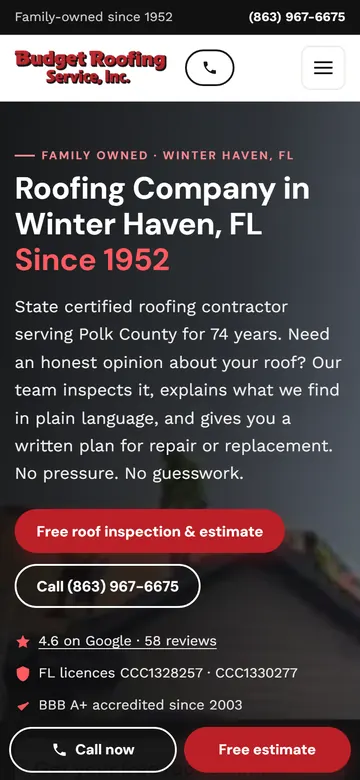 Budget Roofing Service home page on a phone