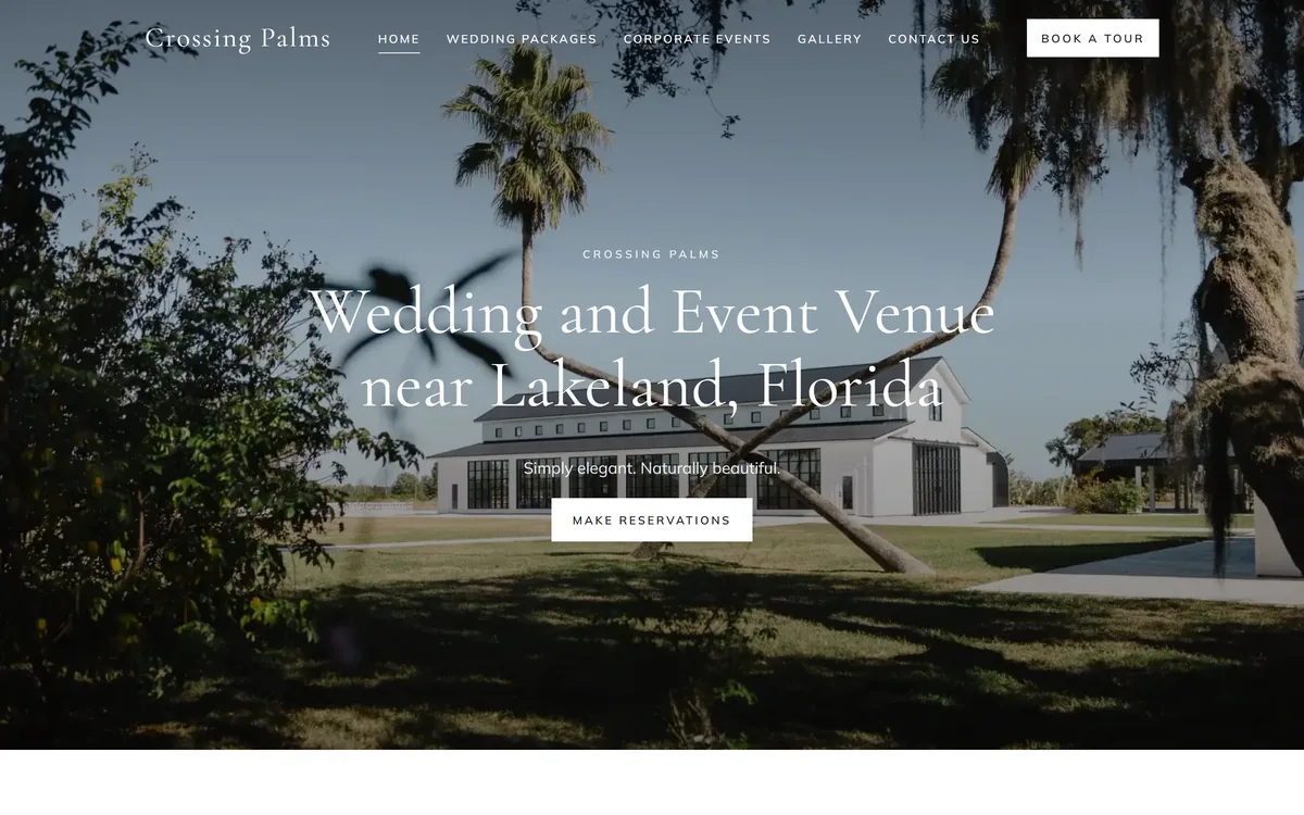 Crossing Palms wedding venue home page on a desktop screen, a site JABstract rebuilt