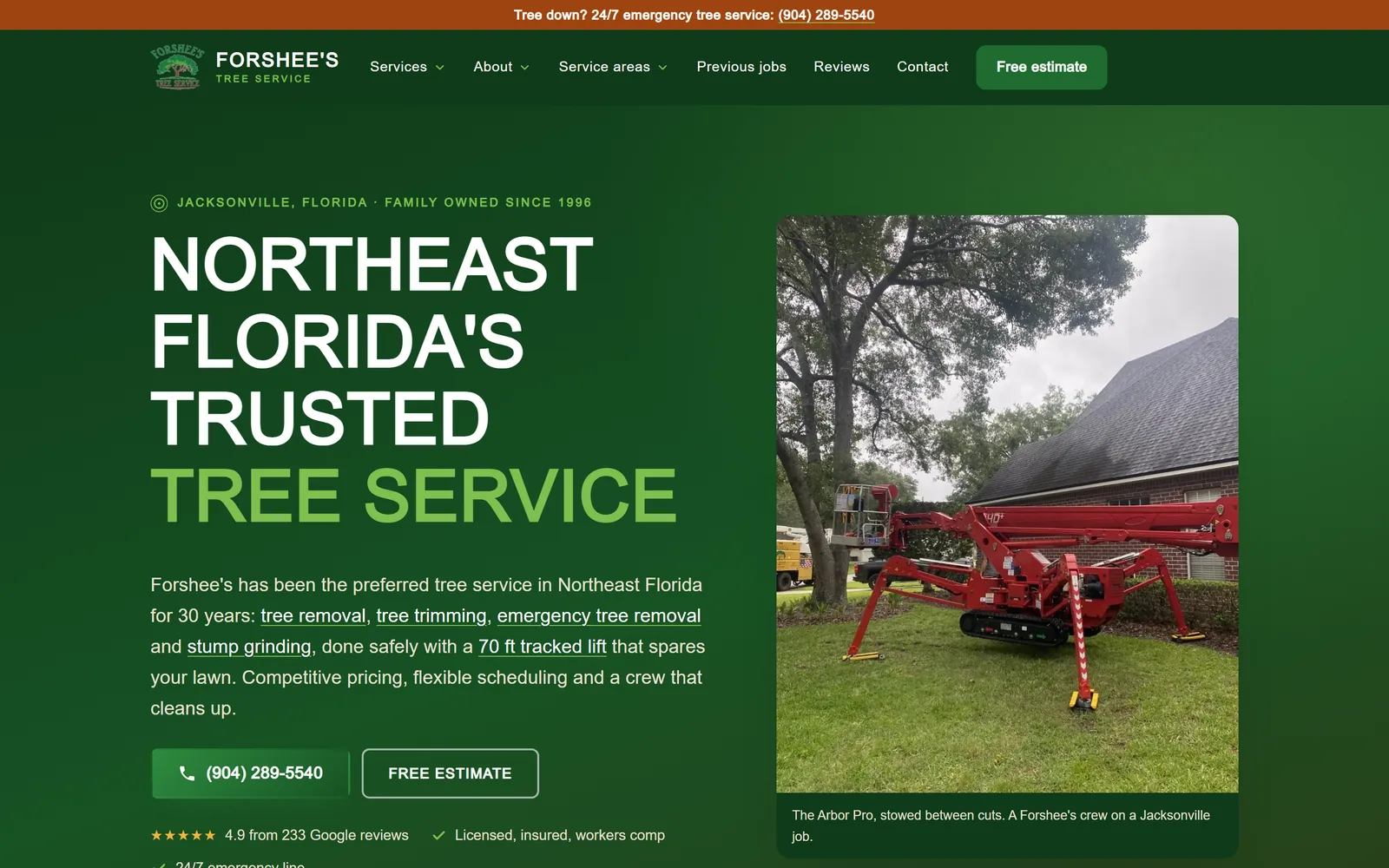 Forshee's Tree Service home page on a desktop, captured October 18, 2026
