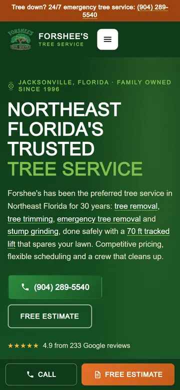 Forshee's Tree Service home page on a phone