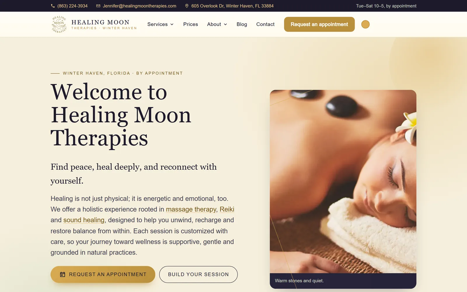 Healing Moon Therapies home page on a desktop, captured October 18, 2026