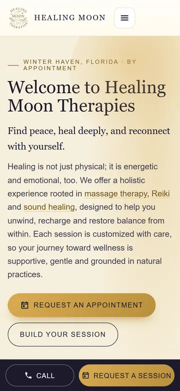 Healing Moon Therapies home page on a phone