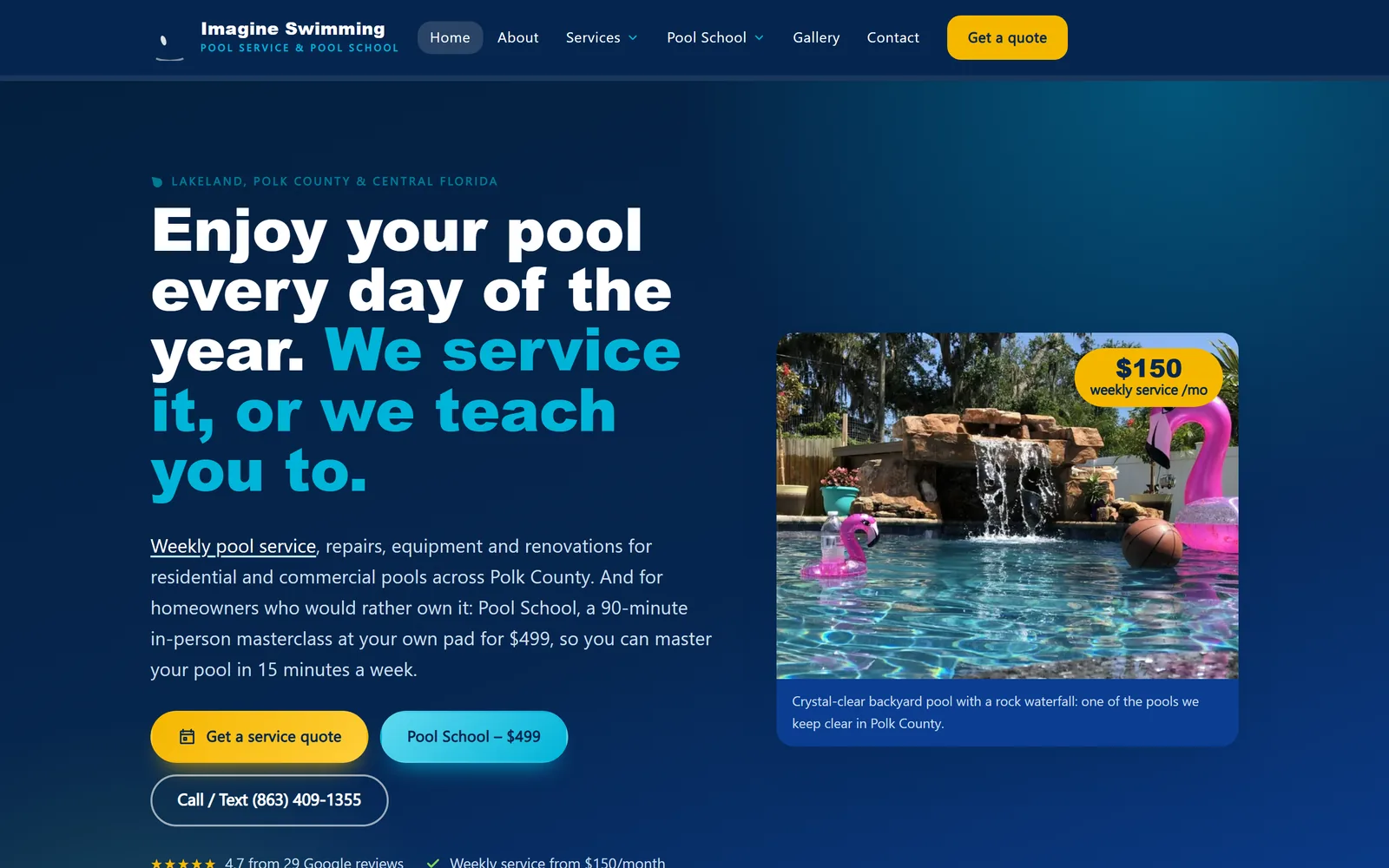 Imagine Swimming Pool Service home page on a desktop, captured October 18, 2026