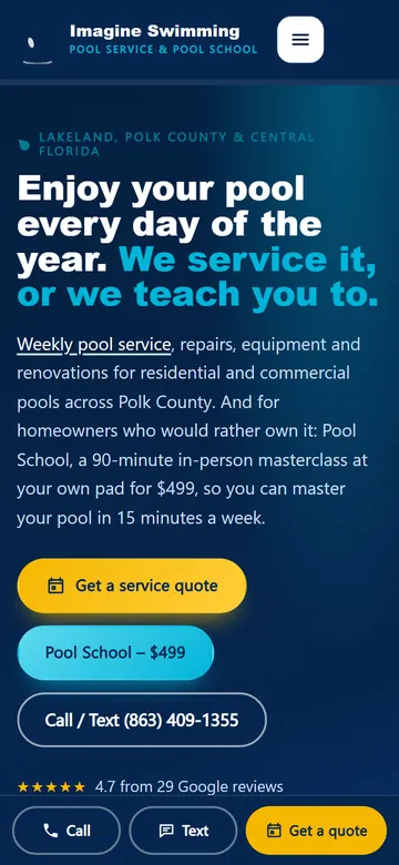 Imagine Swimming Pool Service home page on a phone