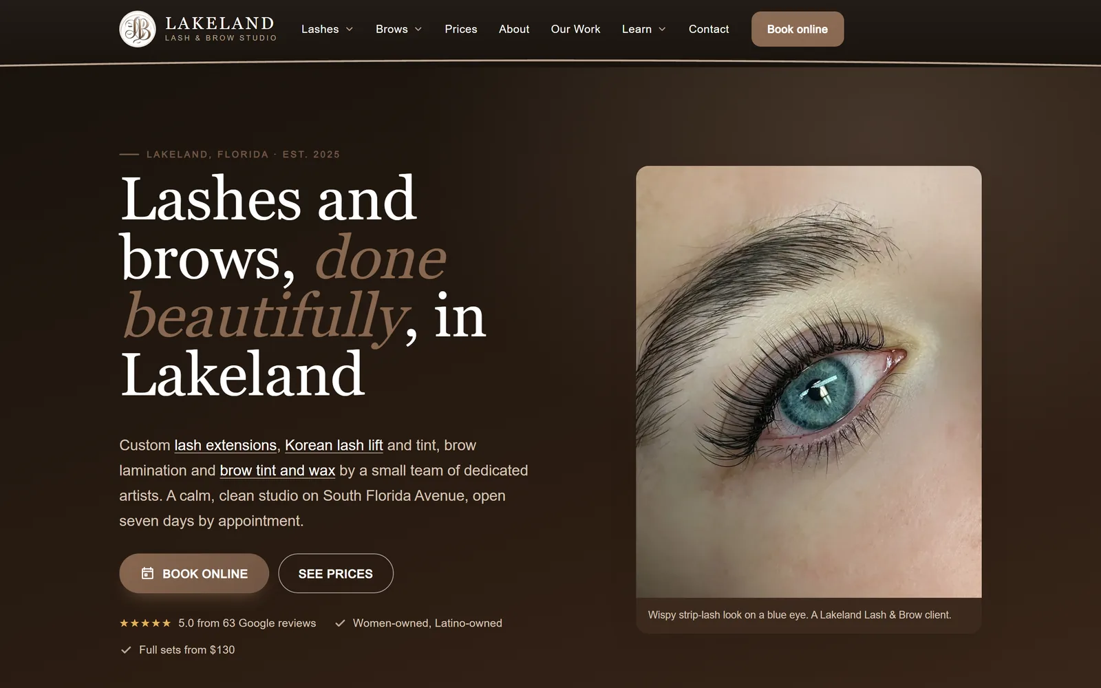 Lakeland Lash & Brow home page on a desktop, captured October 18, 2026