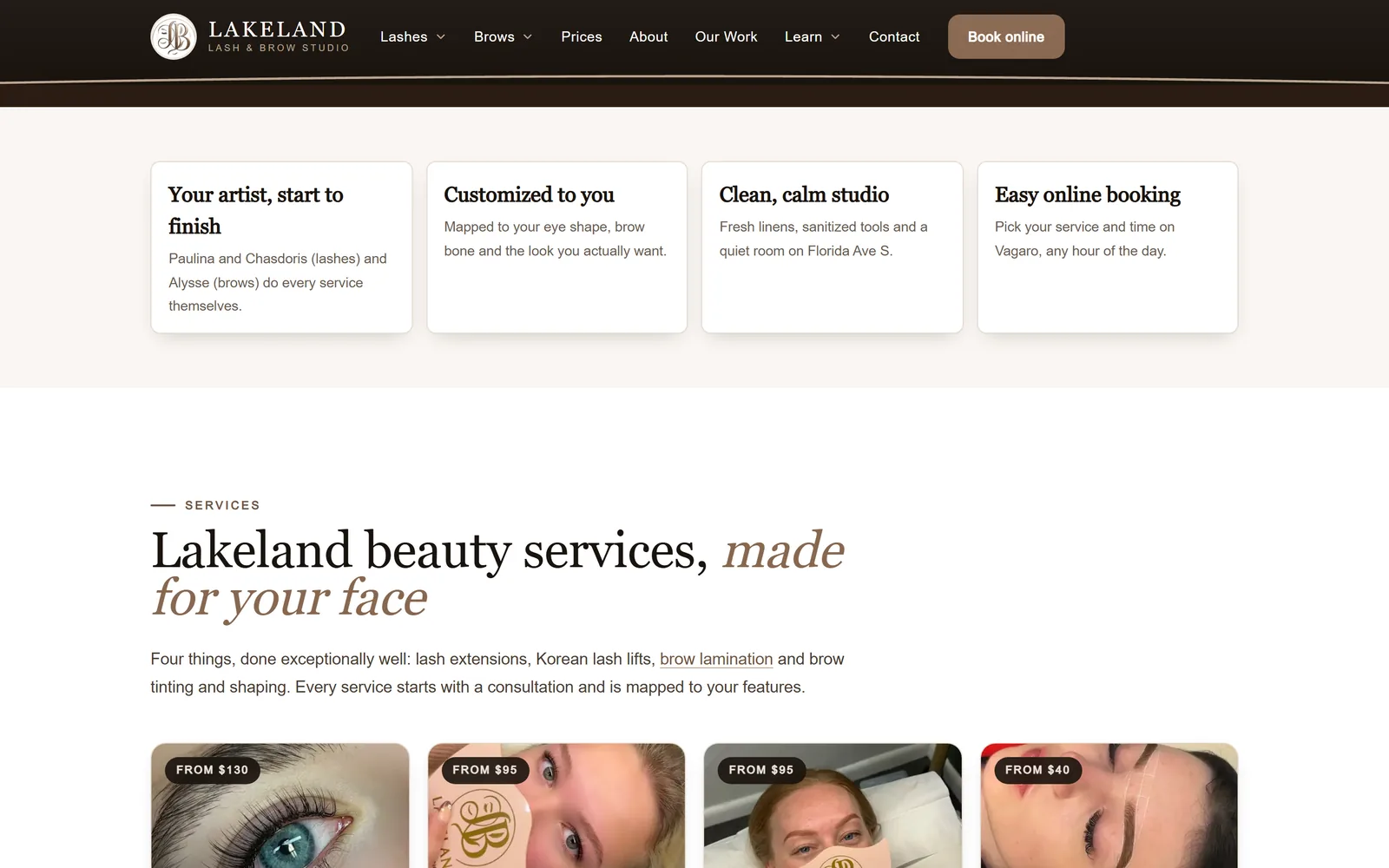 Lakeland Lash & Brow: a section further down the home page