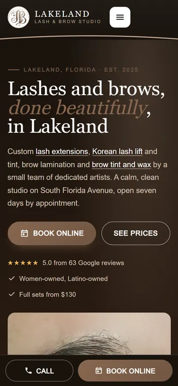 Lakeland Lash & Brow home page on a phone
