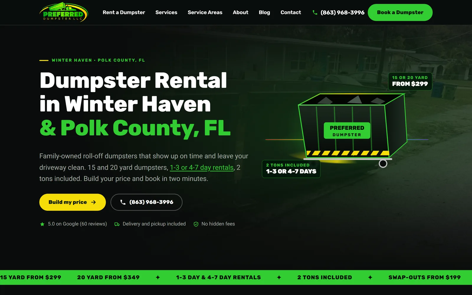 Preferred Dumpster home page on a desktop, captured October 16, 2026