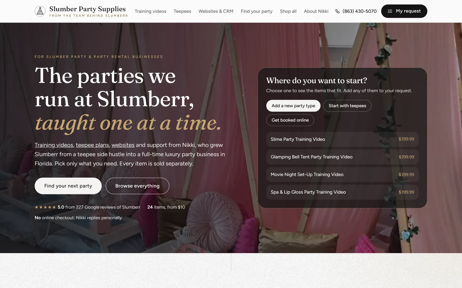Slumber Party Supplies home page on a desktop, captured October 18, 2026