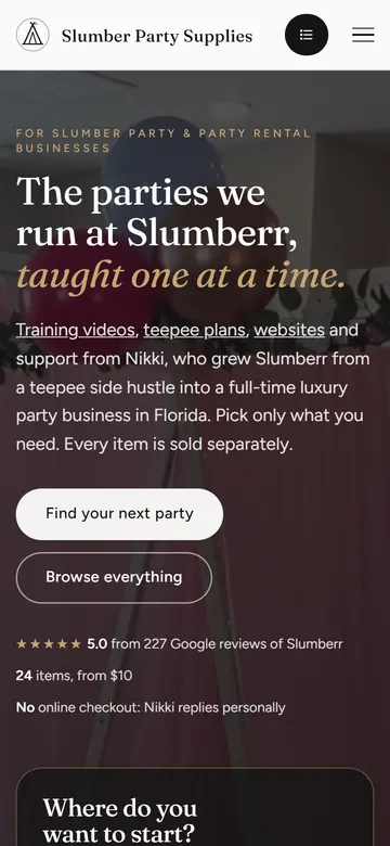 Slumber Party Supplies home page on a phone