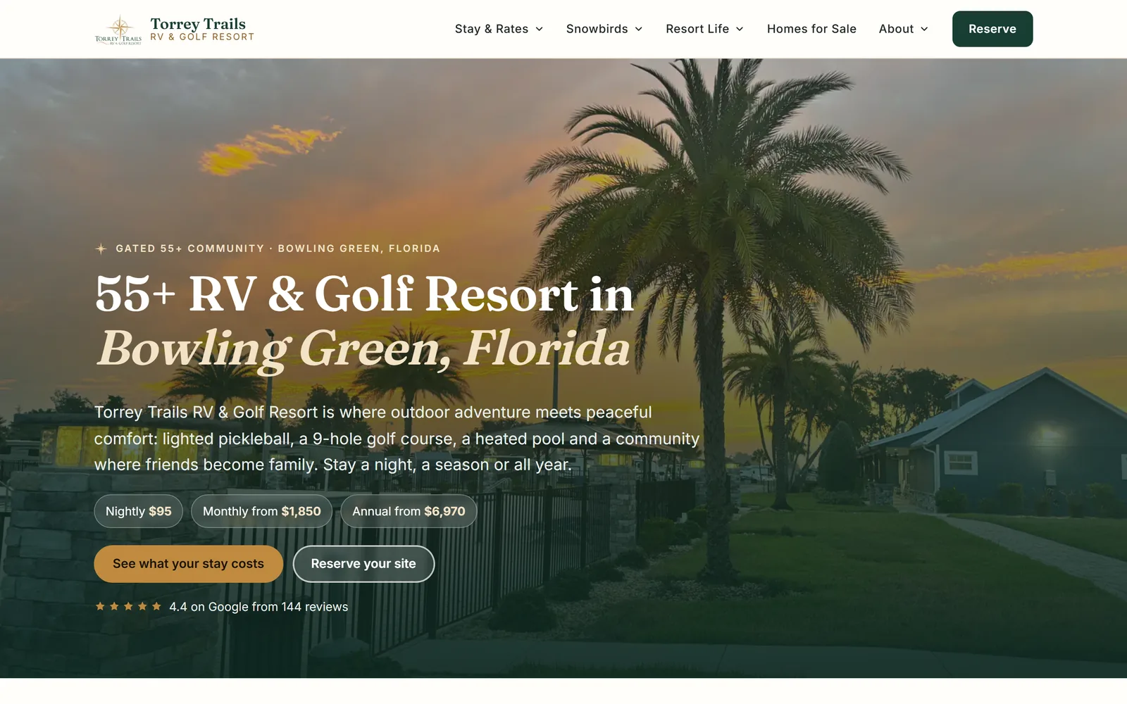 Torrey Trails RV & Golf Resort home page on a desktop, captured October 18, 2026