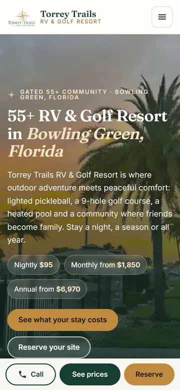 Torrey Trails RV & Golf Resort home page on a phone