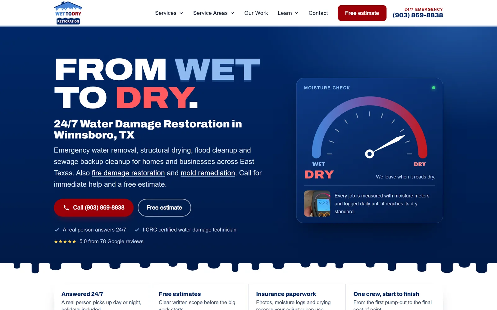 Wet To Dry Restoration home page on a desktop, captured October 18, 2026