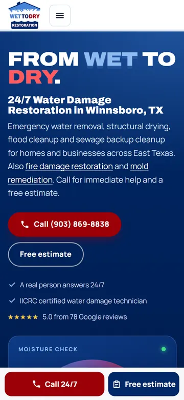 Wet To Dry Restoration home page on a phone
