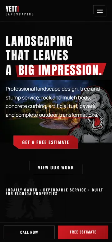 Yetti Landscape Design & Concrete Curbing home page on a phone