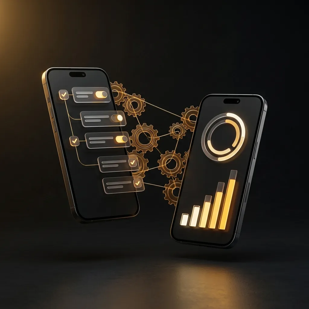 Two smartphones passing automated tasks through gears, with task pipelines and bar charts