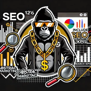 Alt text: Illustrated gorilla in sunglasses and a gold chain, surrounded by SEO-themed charts and magnifying glasses, promoting the "SEO Kickstart Package" for new business marketing KPIs. Perfect for businesses in Lakeland and Winter Haven, Florida seeking expert website design, PPC management, and workflow automation services.