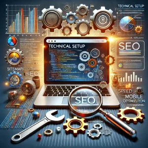 A laptop surrounded by gears and digital graphics represents the "SEO Kickstart Package | New Business SEO" tailored for businesses in Lakeland and Winter Haven, Florida. The image includes charts, a wrench, and a magnifying glass to emphasize SEO, website design, PPC services, and workflow automation tools offered by our local marketing company.