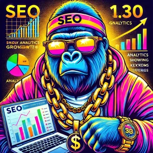 Alt text: An illustration of a gorilla in sunglasses and gold chains showcases the Monthly SEO Growth Plan tailored for local businesses in Lakeland and Winter Haven, Florida. Vibrant charts symbolize growth driven by on-page optimization and technical SEO, while the gorilla holds a laptop displaying success metrics. Perfect for showcasing our website marketing company's expertise in SEO, website design, PPC, and workflow automation services.