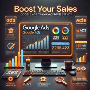 Discover our Google Ads Campaign Management Service tailored for Lakeland and Winter Haven businesses. The image shows a computer screen displaying the Google Ads dashboard, filled with graphs, statistics, and icons for keyword research, clicks, impressions, conversions, and more. Perfect for optimizing your local search engine marketing strategy through PPC excellence.