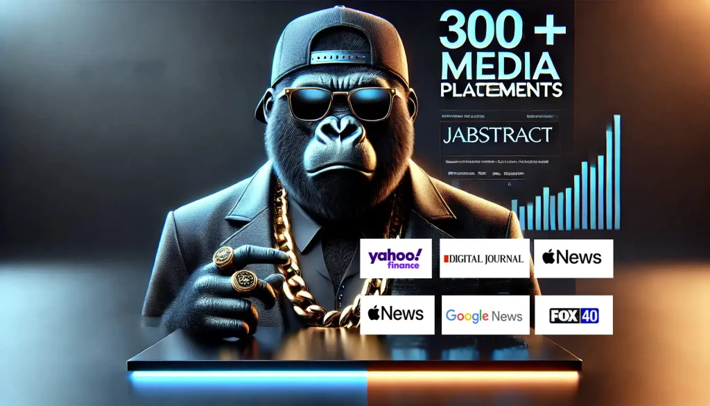 Alt text: "A stylish gorilla in sunglasses and a cap, dressed in a suit, sits at a desk representing our Lakeland and Winter Haven-based marketing company's success. Showcasing '300+ Media Placements' from our Press Release Distribution services, with logos of Yahoo! Finance, Digital Journal, Apple News, Google News, and Fox40 displayed prominently. Boost your business with our expert SEO, website design, PPC services, and workflow automation tailored for Florida businesses.